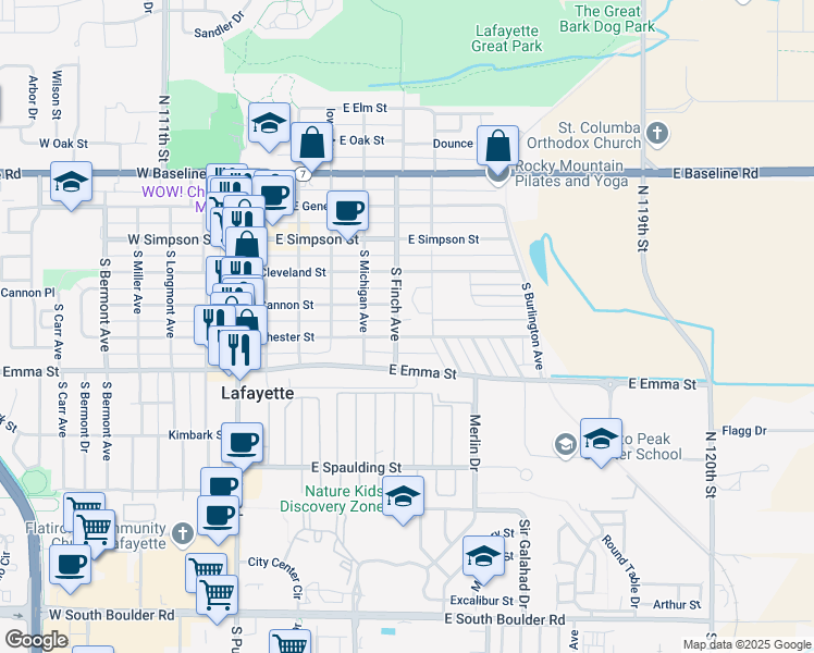 map of restaurants, bars, coffee shops, grocery stores, and more near 312 South Finch Avenue in Lafayette