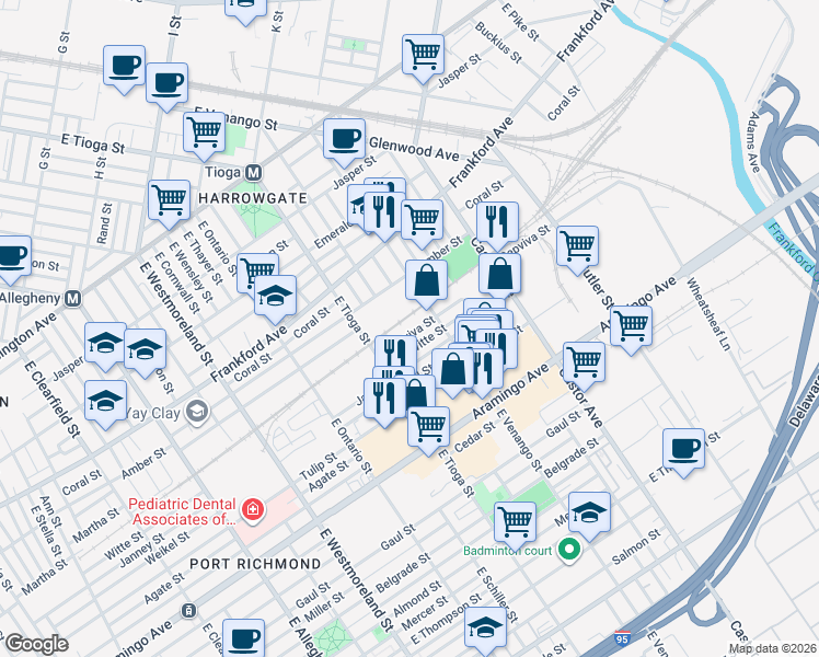 map of restaurants, bars, coffee shops, grocery stores, and more near 3675 Amber Street in Philadelphia