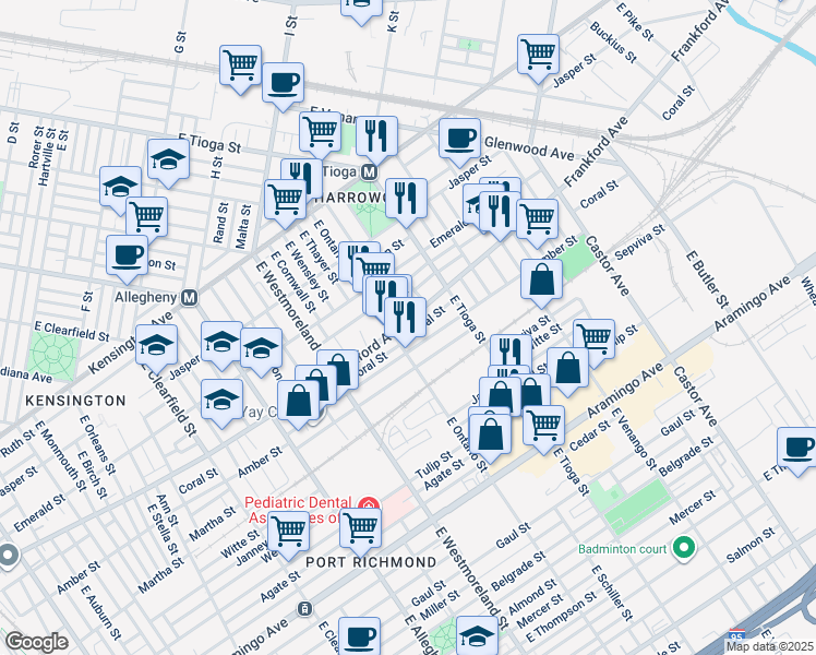 map of restaurants, bars, coffee shops, grocery stores, and more near 3420 Frankford Avenue in Philadelphia