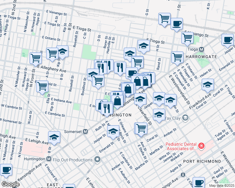 map of restaurants, bars, coffee shops, grocery stores, and more near 641 East Clementine Street in Philadelphia