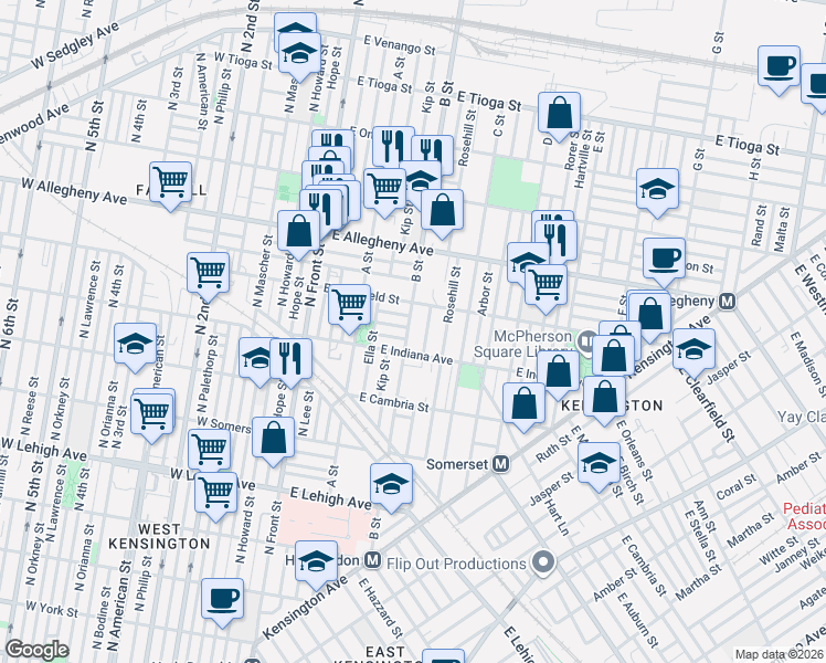 map of restaurants, bars, coffee shops, grocery stores, and more near 3034 B Street in Philadelphia
