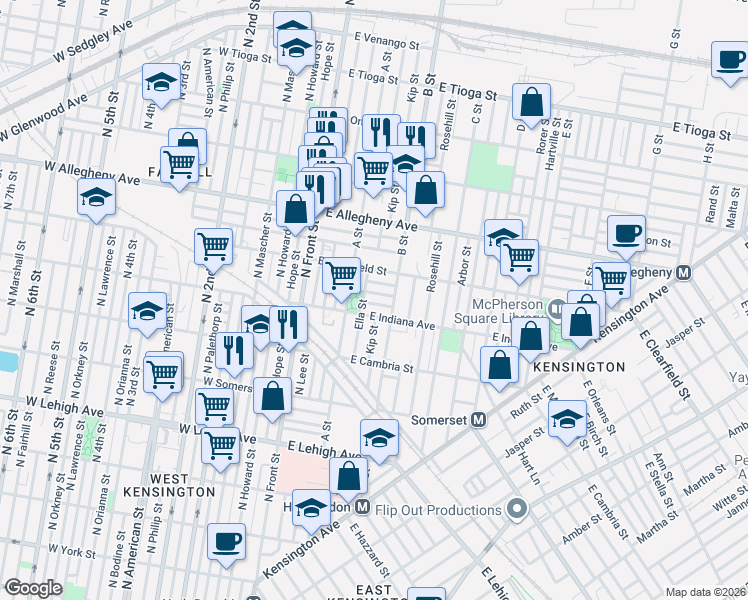 map of restaurants, bars, coffee shops, grocery stores, and more near 3041 A Street in Philadelphia