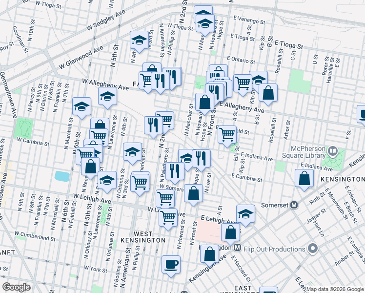 map of restaurants, bars, coffee shops, grocery stores, and more near 3000 North Mascher Street in Philadelphia
