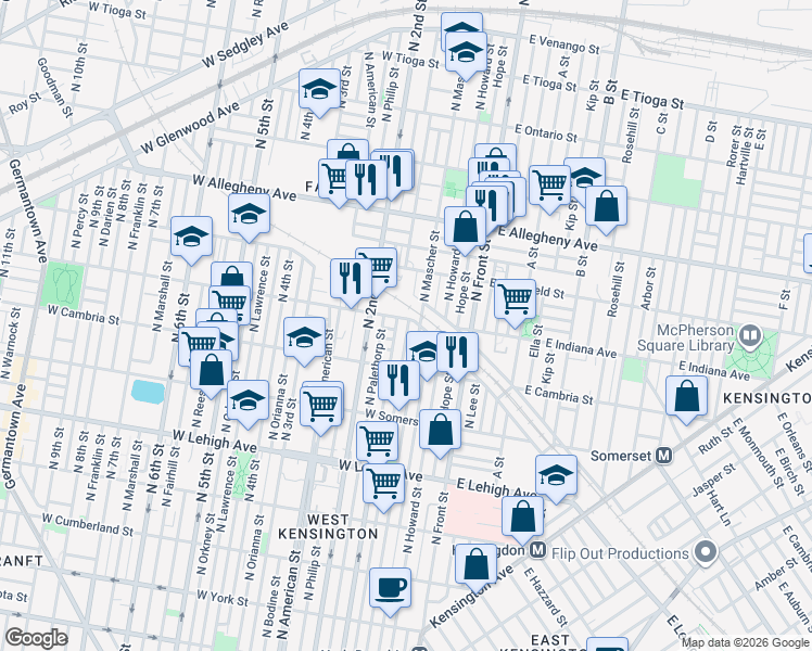 map of restaurants, bars, coffee shops, grocery stores, and more near 3000 North Mascher Street in Philadelphia