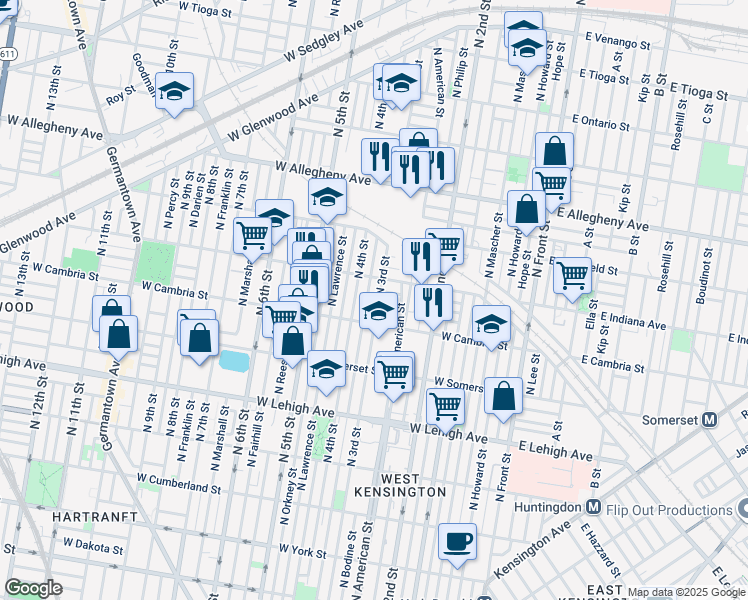 map of restaurants, bars, coffee shops, grocery stores, and more near 2936 North 3rd Street in Philadelphia