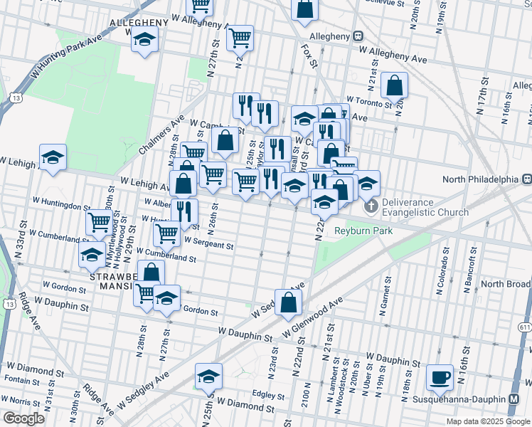 map of restaurants, bars, coffee shops, grocery stores, and more near in Philadelphia
