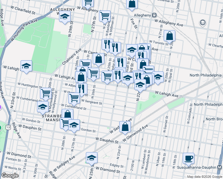 map of restaurants, bars, coffee shops, grocery stores, and more near in Philadelphia