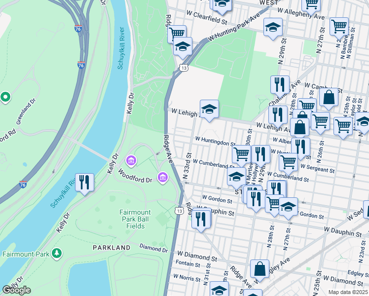 map of restaurants, bars, coffee shops, grocery stores, and more near 3313 West Sergeant Street in Philadelphia