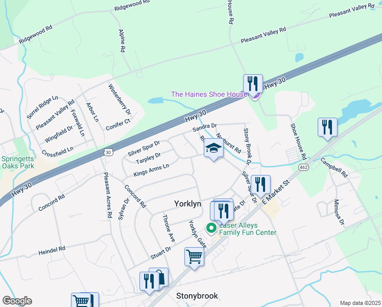 map of restaurants, bars, coffee shops, grocery stores, and more near 3899 Silver Spur Drive in York