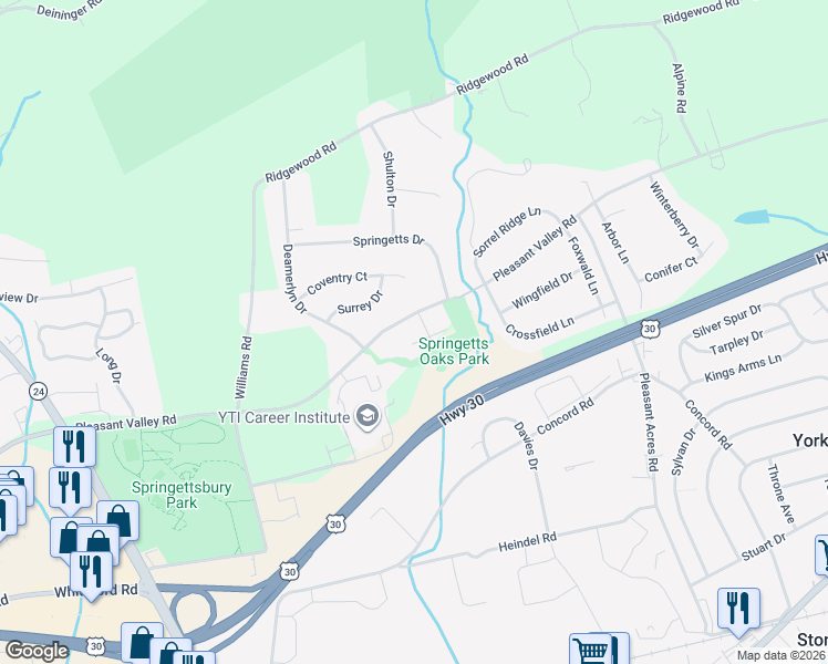 map of restaurants, bars, coffee shops, grocery stores, and more near 3618 Pleasant Valley Road in York