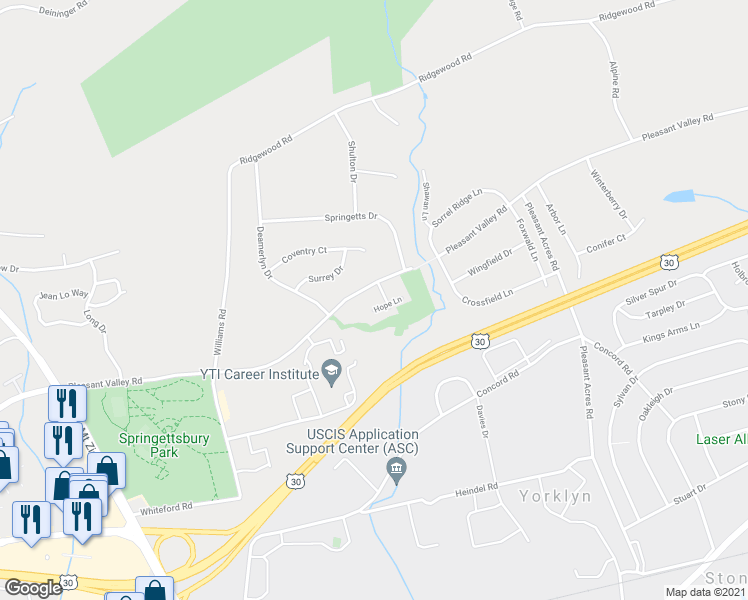 map of restaurants, bars, coffee shops, grocery stores, and more near 3618 Pleasant Valley Road in York