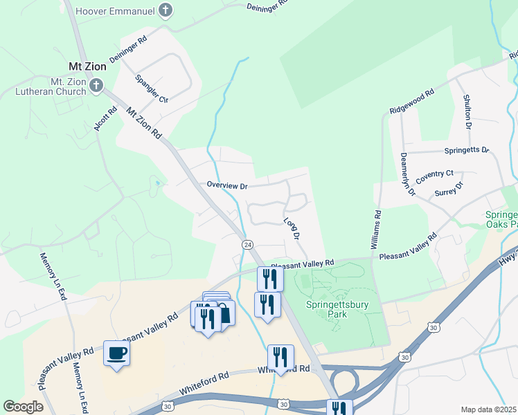 map of restaurants, bars, coffee shops, grocery stores, and more near 3348 Overview Drive in York