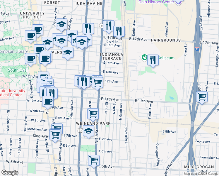 map of restaurants, bars, coffee shops, grocery stores, and more near 335 East 12th Avenue in Columbus
