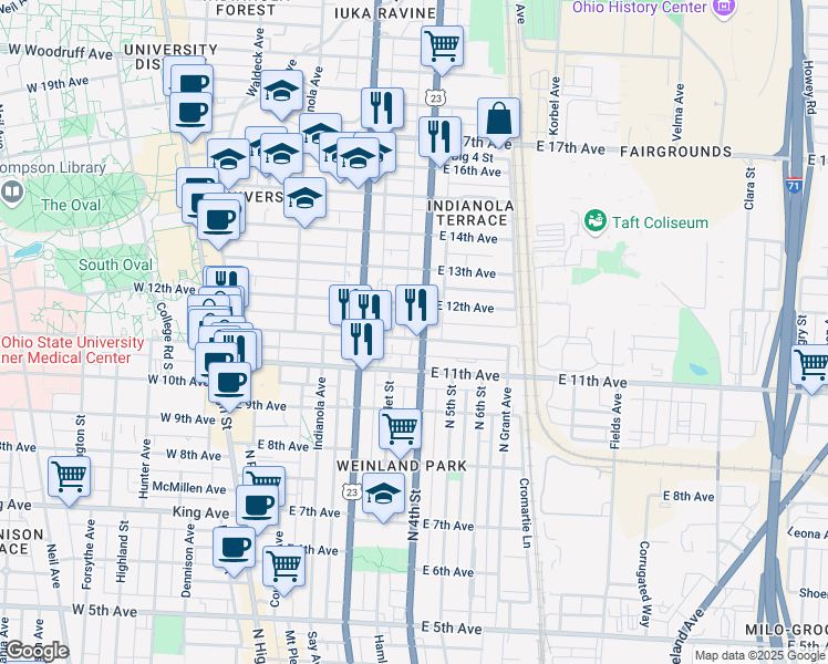 map of restaurants, bars, coffee shops, grocery stores, and more near in Columbus
