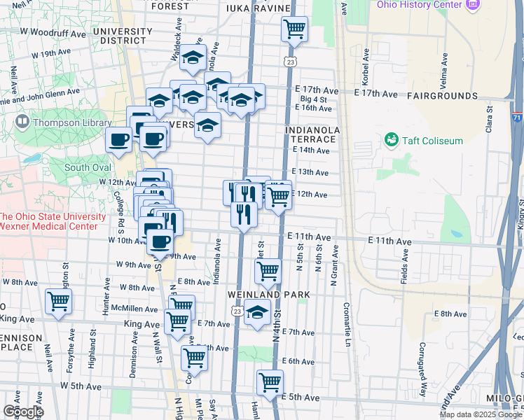 map of restaurants, bars, coffee shops, grocery stores, and more near in Columbus