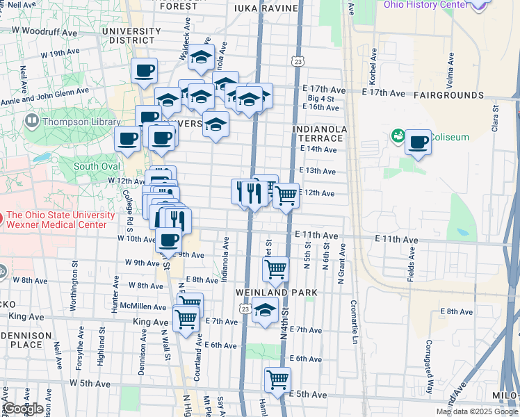 map of restaurants, bars, coffee shops, grocery stores, and more near in Columbus