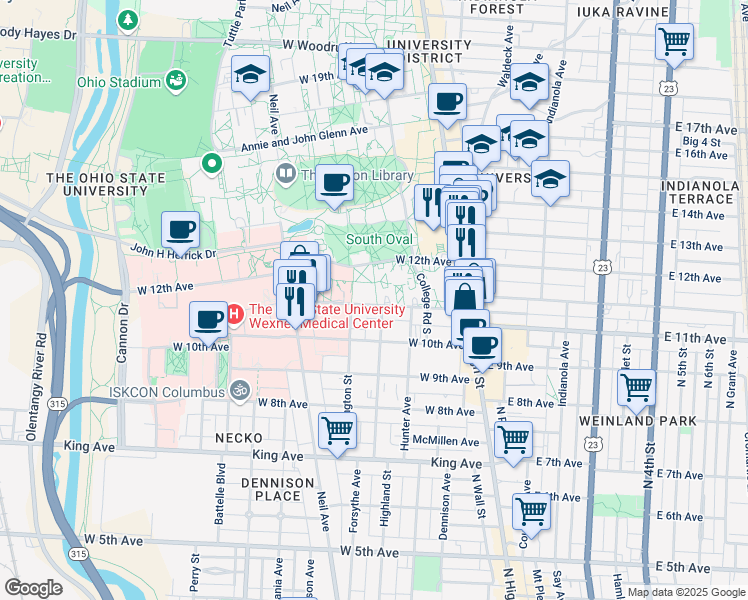 map of restaurants, bars, coffee shops, grocery stores, and more near in Columbus