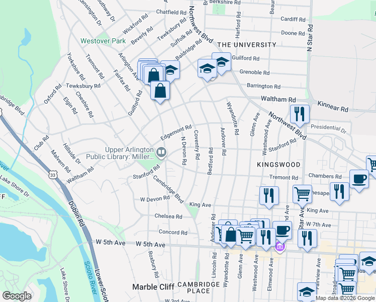 map of restaurants, bars, coffee shops, grocery stores, and more near 1933 Coventry Road in Columbus