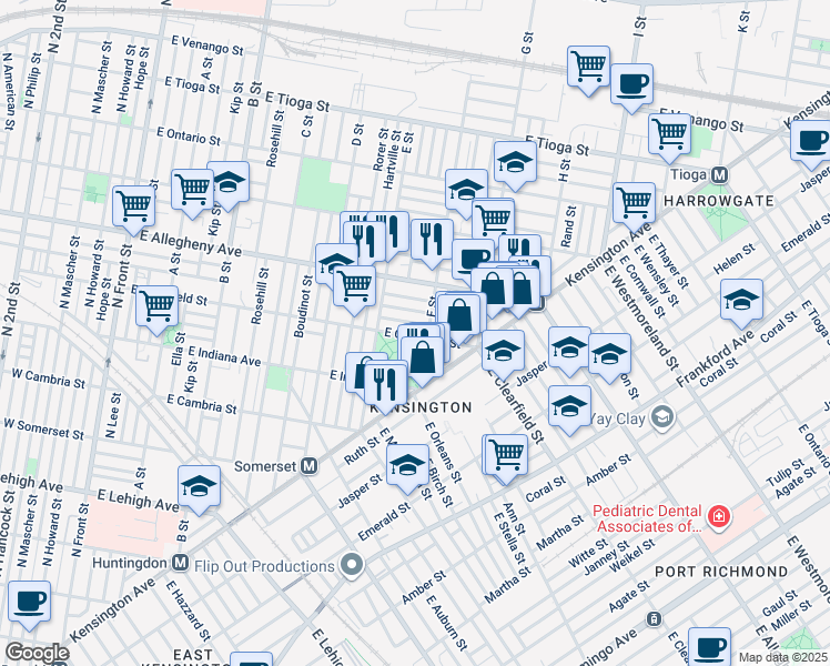 map of restaurants, bars, coffee shops, grocery stores, and more near 653 East Clearfield Street in Philadelphia