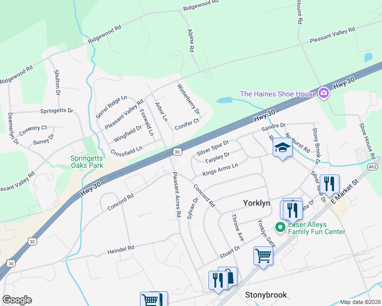 map of restaurants, bars, coffee shops, grocery stores, and more near 3815 Silver Spur Drive in York