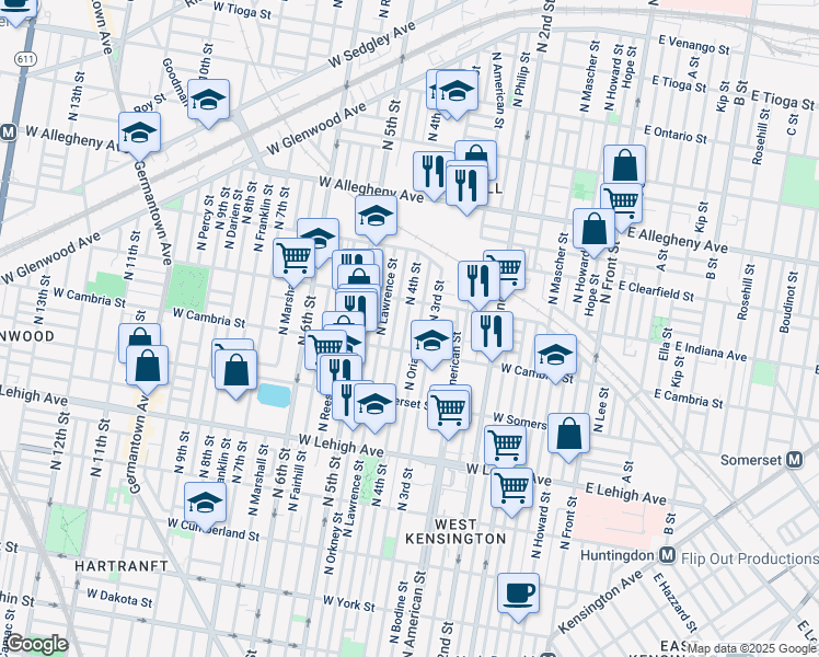 map of restaurants, bars, coffee shops, grocery stores, and more near 2935 North 4th Street in Philadelphia