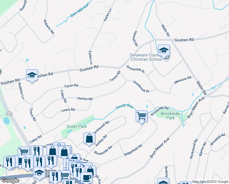 map of restaurants, bars, coffee shops, grocery stores, and more near 3412 Horton Rd in Newtown Square