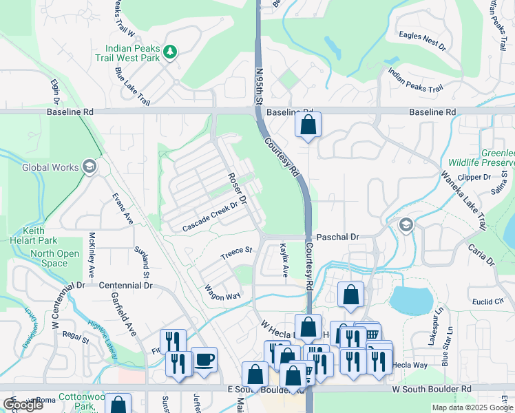 map of restaurants, bars, coffee shops, grocery stores, and more near 582 Hoyt Lane in Lafayette