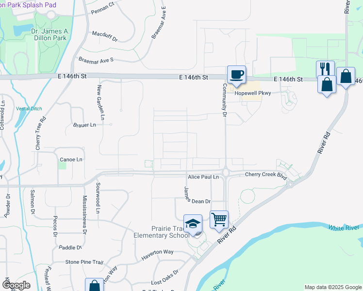 map of restaurants, bars, coffee shops, grocery stores, and more near 14277 James Dean Drive in Carmel