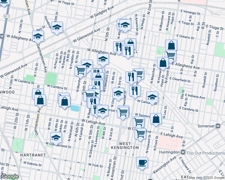map of restaurants, bars, coffee shops, grocery stores, and more near 2933 North 4th Street in Philadelphia