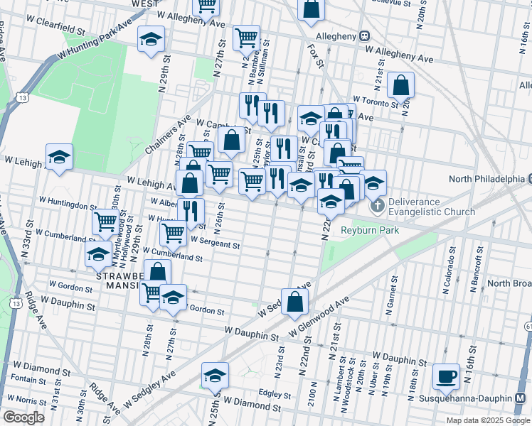 map of restaurants, bars, coffee shops, grocery stores, and more near 2417 West Oakdale Street in Philadelphia