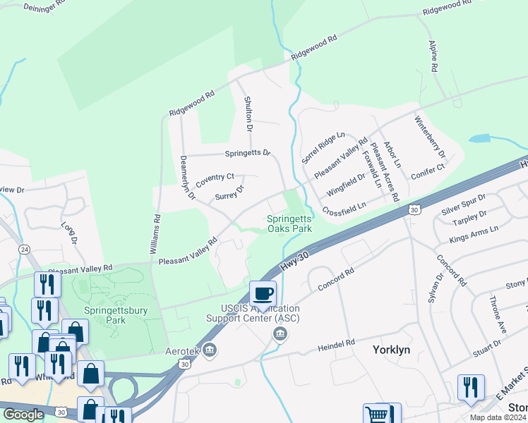map of restaurants, bars, coffee shops, grocery stores, and more near 3648 Pleasant Valley Road in York