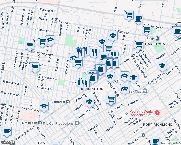 map of restaurants, bars, coffee shops, grocery stores, and more near 649 East Clearfield Street in Philadelphia