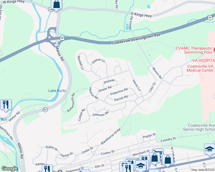 map of restaurants, bars, coffee shops, grocery stores, and more near 18 Phineas Lane in Coatesville