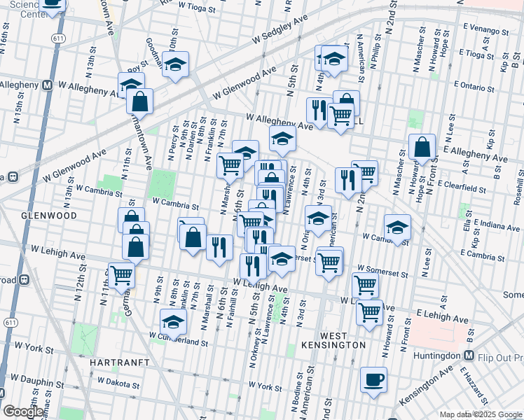 map of restaurants, bars, coffee shops, grocery stores, and more near 2915 North Reese Street in Philadelphia