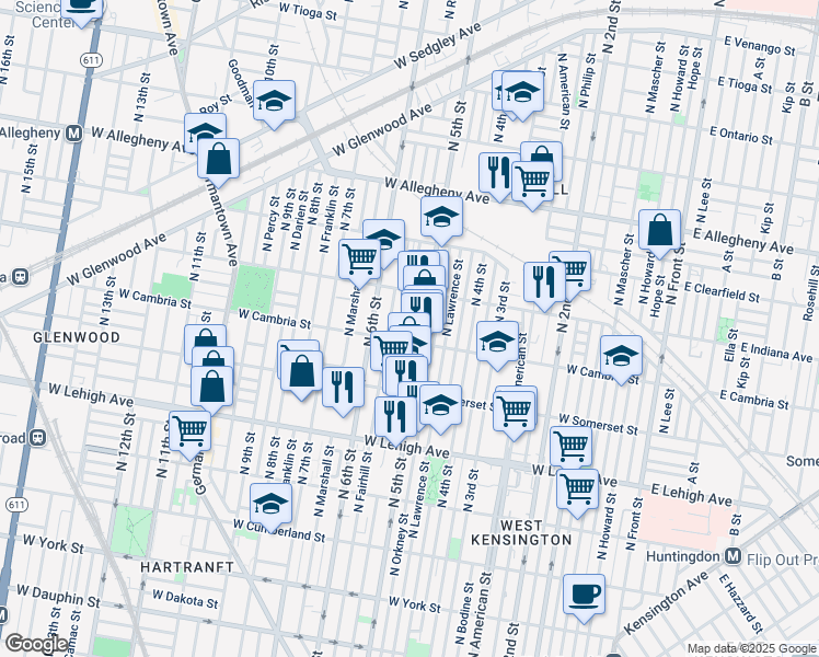 map of restaurants, bars, coffee shops, grocery stores, and more near 2915 North Reese Street in Philadelphia