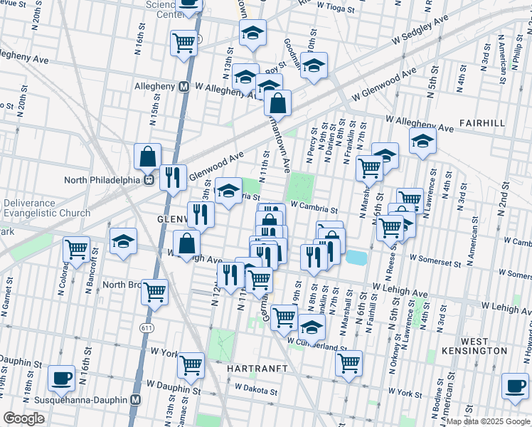 map of restaurants, bars, coffee shops, grocery stores, and more near 2824 North Warnock Street in Philadelphia