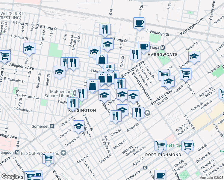 map of restaurants, bars, coffee shops, grocery stores, and more near 1816 East Wishart Street in Philadelphia