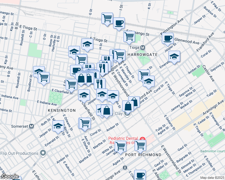 map of restaurants, bars, coffee shops, grocery stores, and more near 1909 East Madison Street in Philadelphia
