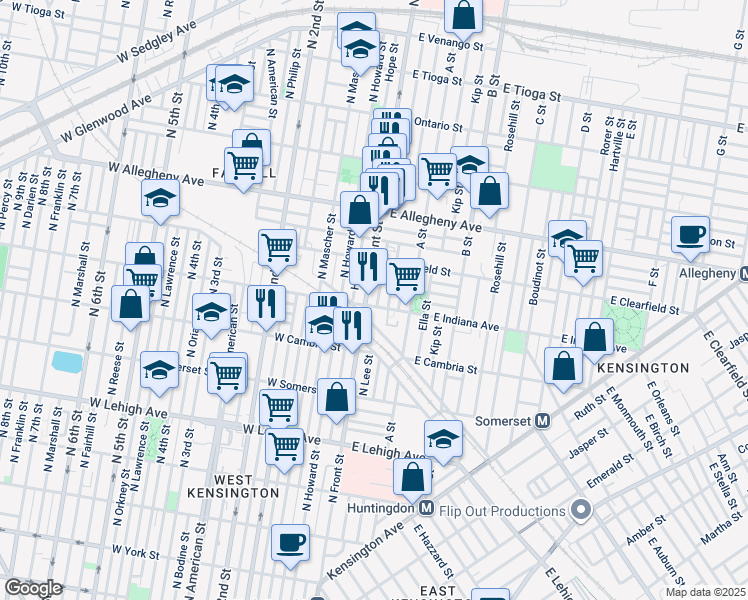 map of restaurants, bars, coffee shops, grocery stores, and more near 3006 North Lee Street in Philadelphia