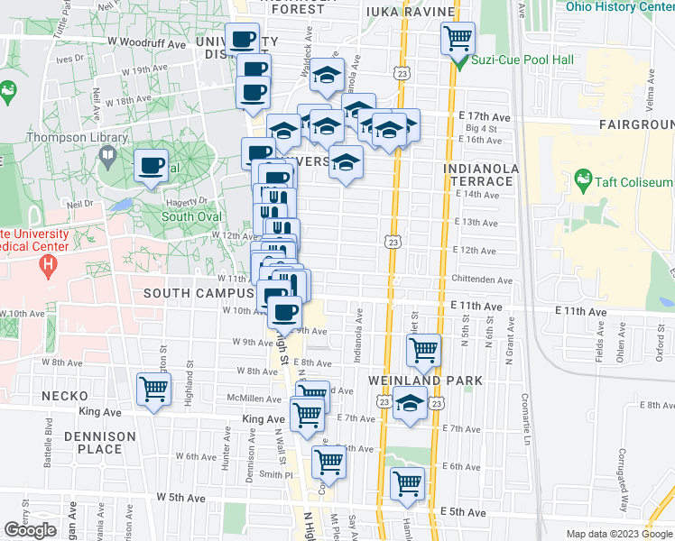 map of restaurants, bars, coffee shops, grocery stores, and more near Indianola Ave & Chittenden Ave in Columbus