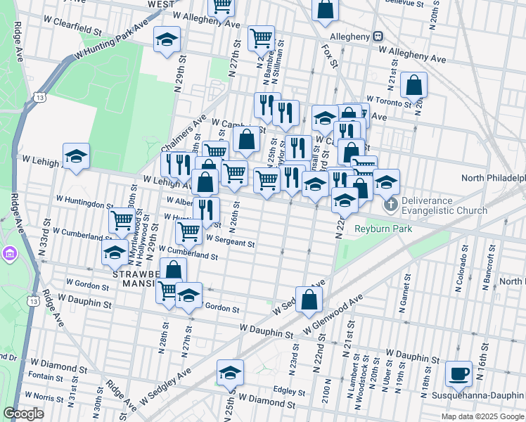 map of restaurants, bars, coffee shops, grocery stores, and more near 2491 West Oakdale Street in Philadelphia