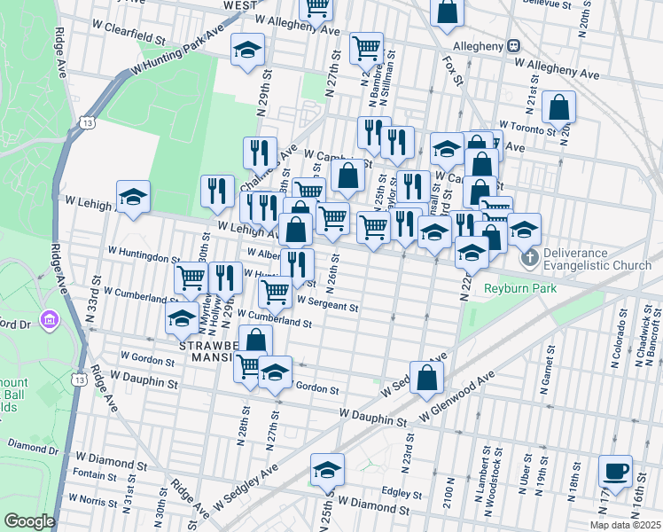 map of restaurants, bars, coffee shops, grocery stores, and more near 2601 West Harold Street in Philadelphia