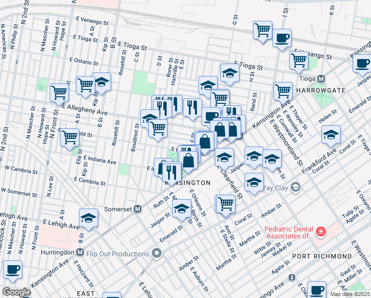 map of restaurants, bars, coffee shops, grocery stores, and more near 653 East Clearfield Street in Philadelphia