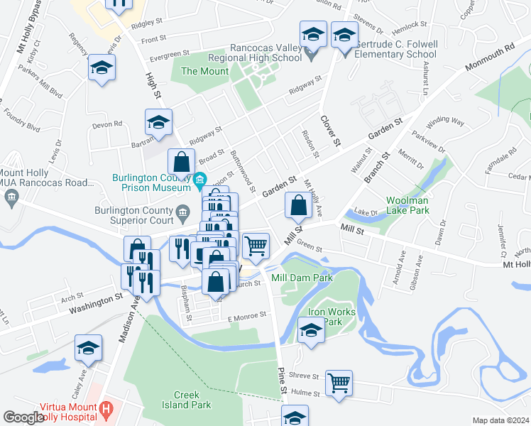 map of restaurants, bars, coffee shops, grocery stores, and more near 47 Buttonwood Street in Mount Holly