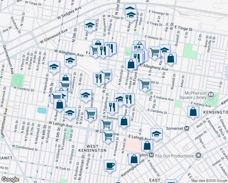 map of restaurants, bars, coffee shops, grocery stores, and more near 3000 North Mascher Street in Philadelphia