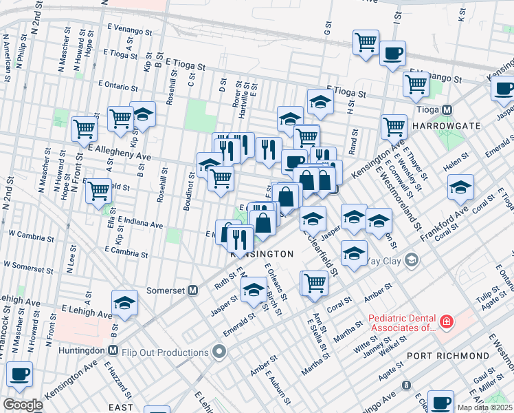 map of restaurants, bars, coffee shops, grocery stores, and more near 649 East Clearfield Street in Philadelphia