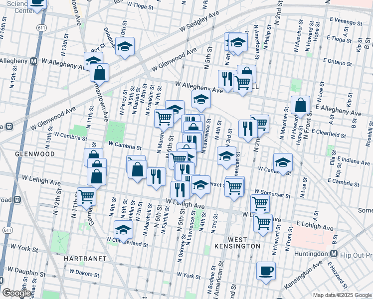 map of restaurants, bars, coffee shops, grocery stores, and more near 2917 North Reese Street in Philadelphia