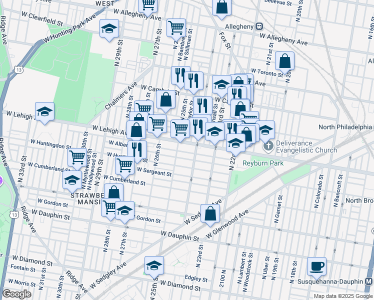 map of restaurants, bars, coffee shops, grocery stores, and more near 2427 West Oakdale Street in Philadelphia