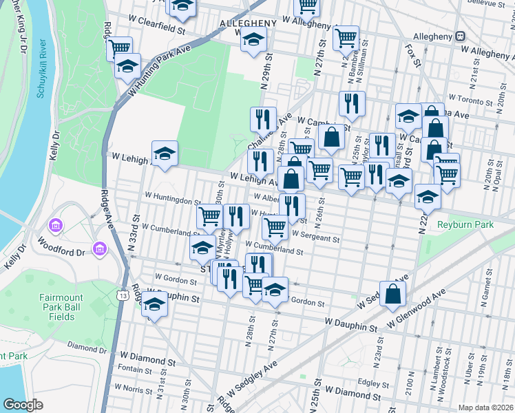 map of restaurants, bars, coffee shops, grocery stores, and more near 2621 North 29th Street in Philadelphia