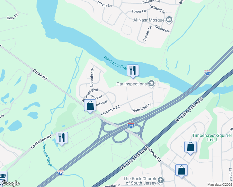 map of restaurants, bars, coffee shops, grocery stores, and more near 42 Compass Circle in Mount Laurel Township